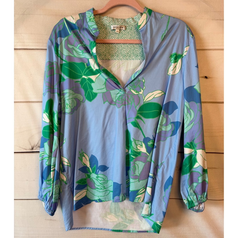 Patty Kim Floral Cotton Blouse Blue Green Rose Print Split Neck Top Small